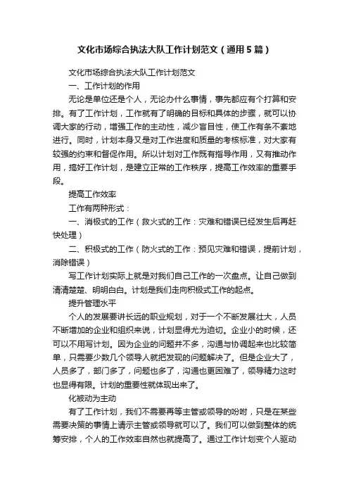 文化市场综合执法大队工作计划范文（通用5篇）