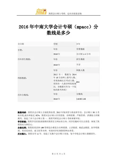 2016年中南大学会计专硕(mpacc)复试分数线是多少