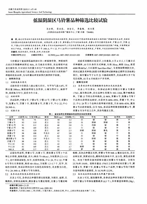 低温阴湿区马铃薯品种筛选比较试验