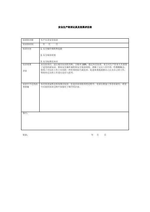 安全生产培训记录及效果评估表、培训签到表转岗下岗再就业、干部顶岗以及脱离岗位6个月以上人员培训登记表