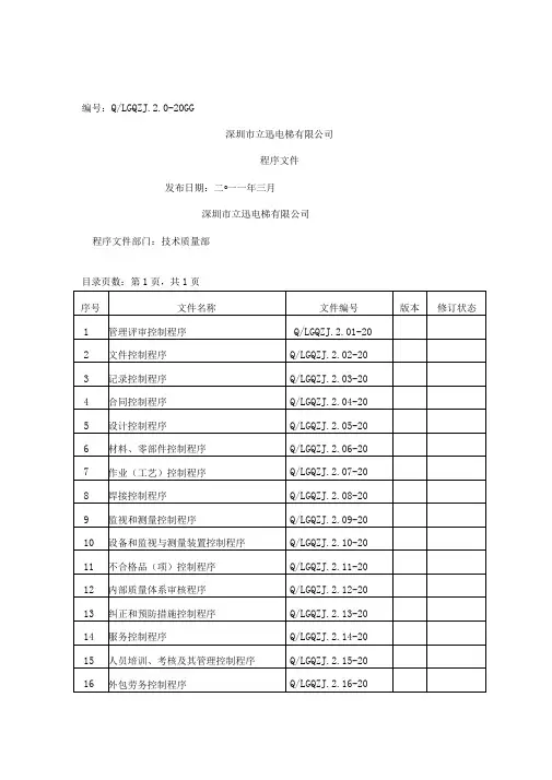 电梯有限公司质量体系程序文件