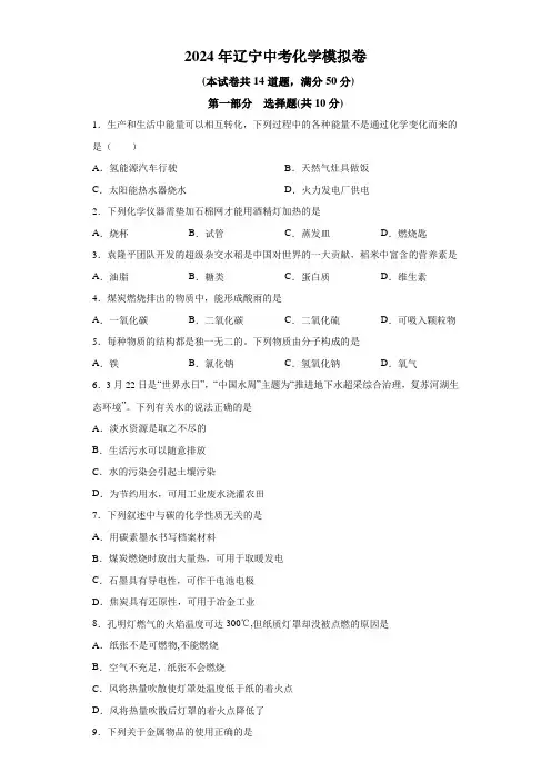 2024年辽宁省初中学业水平考试模拟化学试卷(含解析)