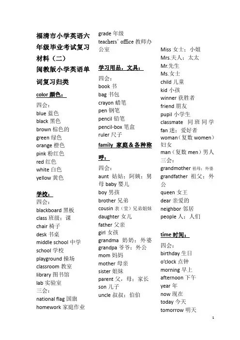 福建省闽教版小学英语毕业考试复习材料  英语单词复习(归类版)