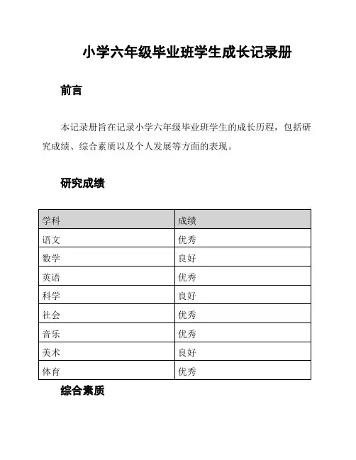 小学六年级毕业班学生成长记录册