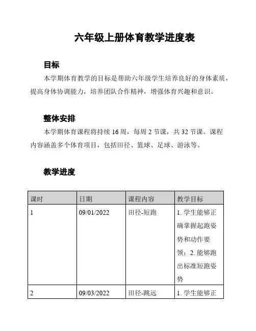 六年级上册体育教学进度表