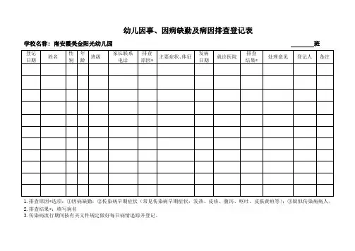 幼儿因事、因病缺勤及病因排查登记表