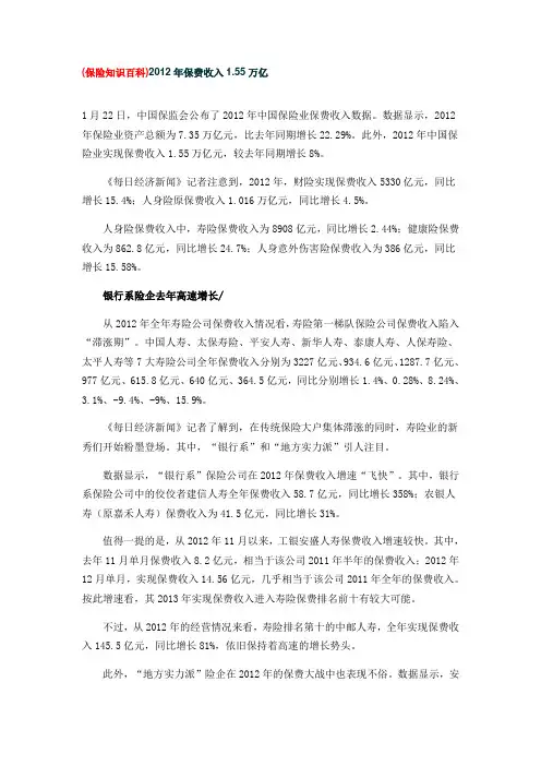 (保险知识百科)2012年保费收入1.55万亿