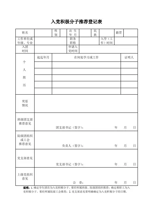 1.入党积极分子推荐登记表