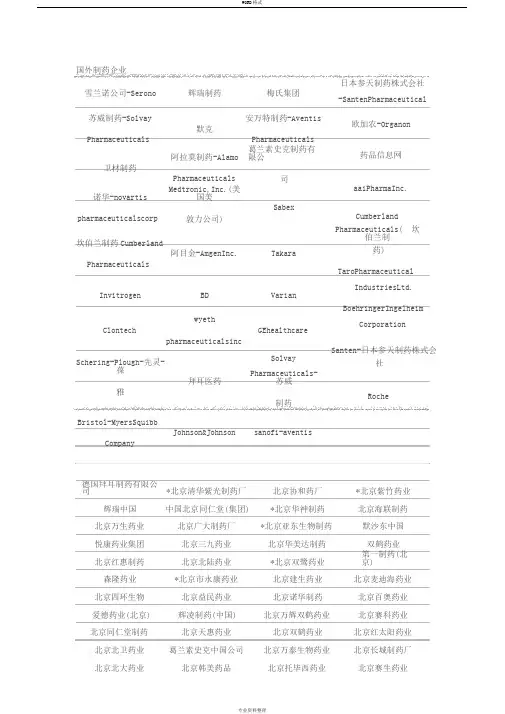 中国100强药企排名及外资制药企业资料