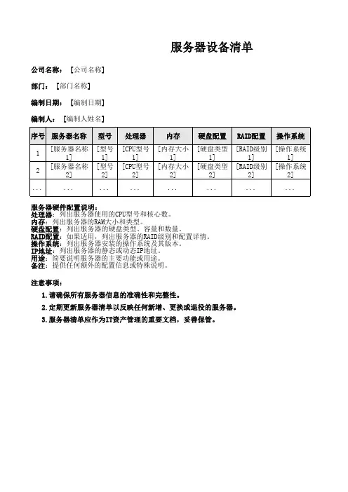 服务器设备清单
