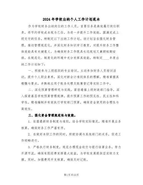 2024年学校出纳个人工作计划范本（六篇）