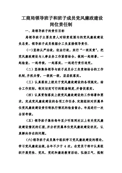 工商局领导班子和班子成员党风廉政建设岗位责任制