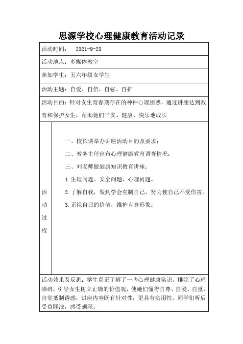 学校心理健康教育活动记录