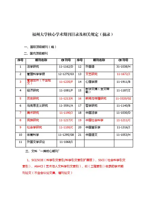 福州大学核心学术期刊目录及相关规定(摘录)