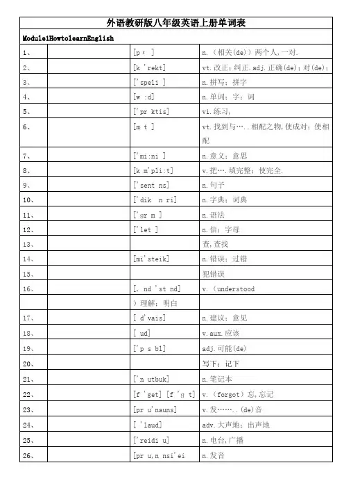 新外研版八年级英语上册单词默写