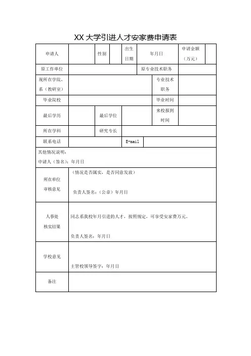 大学引进人才安家费申请表