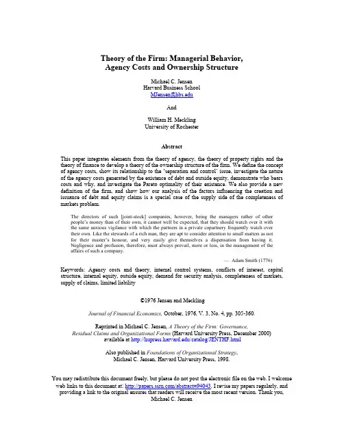 Theory of the Firm  Managerial Behavior,Agency Costs and Ownership Structure