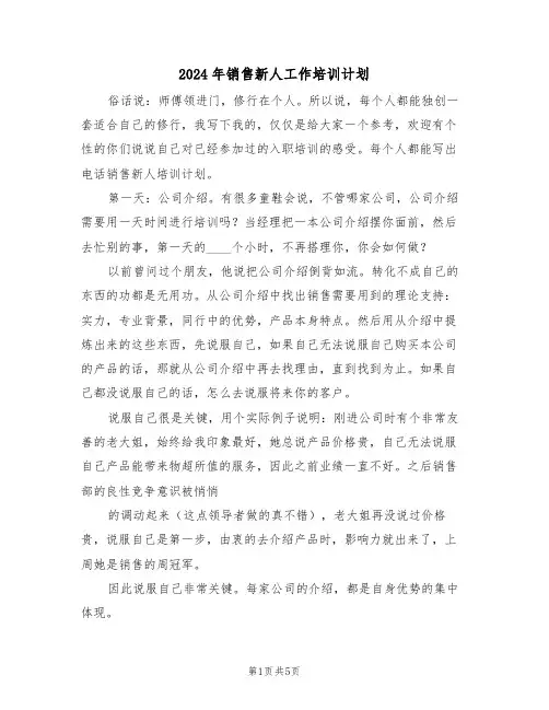 2024年销售新人工作培训计划（二篇）