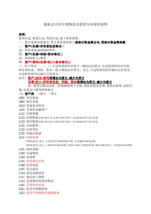 会计科目明细表及借贷方向使用说明