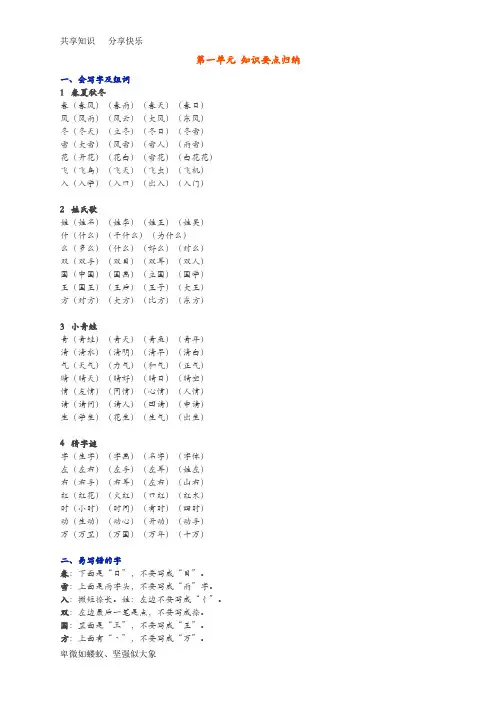 部编本一年级下册语文1——8单元知识点小结(全)