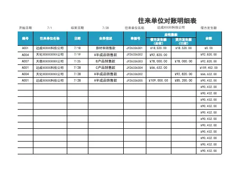 往来单位对账明细表