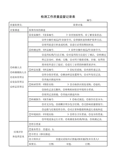CNAS认可合格实验室检测工作质量监督记录表(模板)