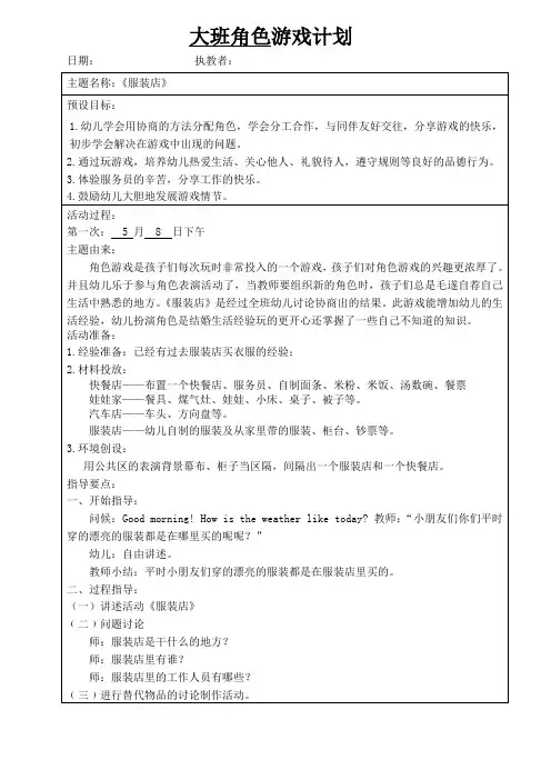 幼儿园大班角色游戏 服装店