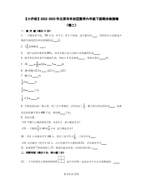 【小升初】2022-2023学年北京市丰台区数学六年级下册期末检测卷(卷二)含解析