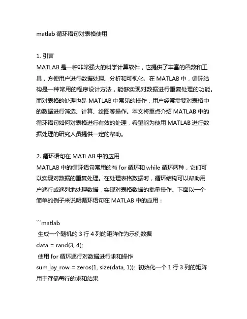 matlab循环语句对表格使用