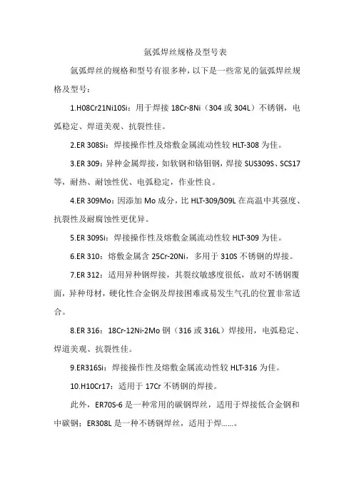 氩弧焊丝规格及型号表
