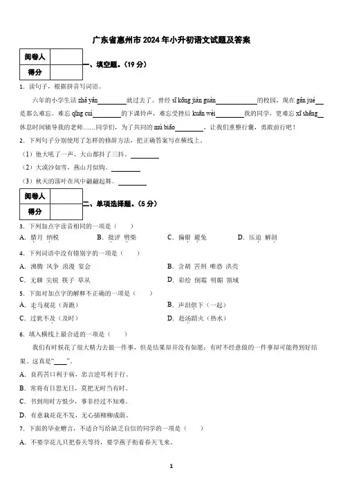 广东省惠州市2024年小升初语文试题及答案