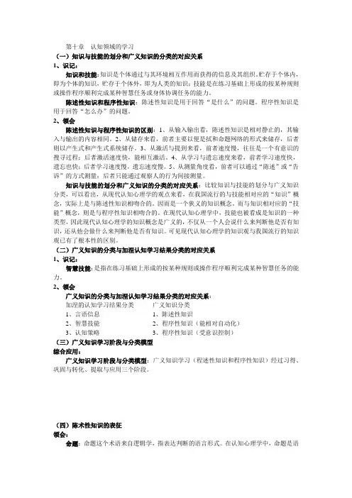 发展与教育心理学考核要求：第十章  认知领域的学习