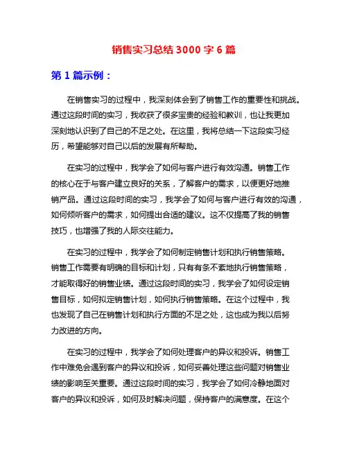 销售实习总结3000字6篇