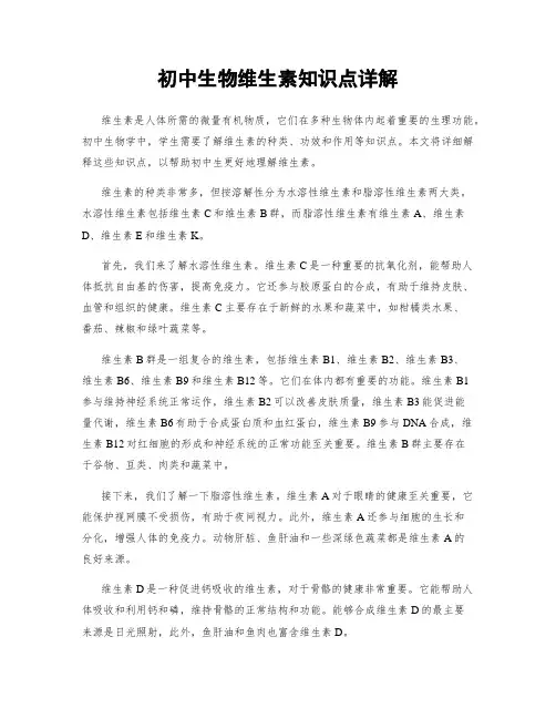 初中生物维生素知识点详解