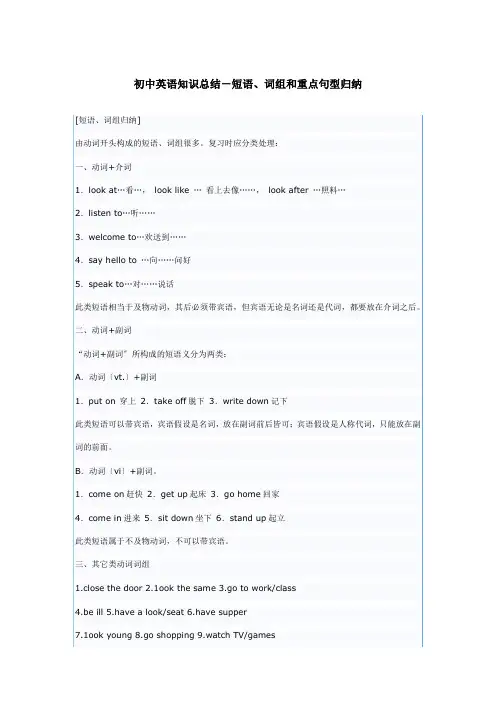 初中英语知识总结短语词组和重点句型归纳