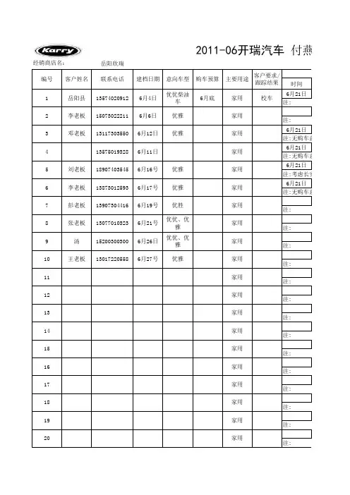 岳阳欣瑞+2011-06月份开瑞汽车三表一卡