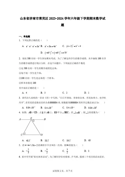 山东省济南市莱芜区2023-2024学年六年级下学期期末数学试题