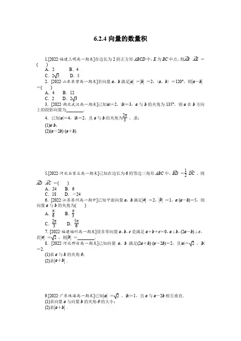 向量的数量积(练习)(含解析)高一下学期数学(人教A版2019 必修第二册)