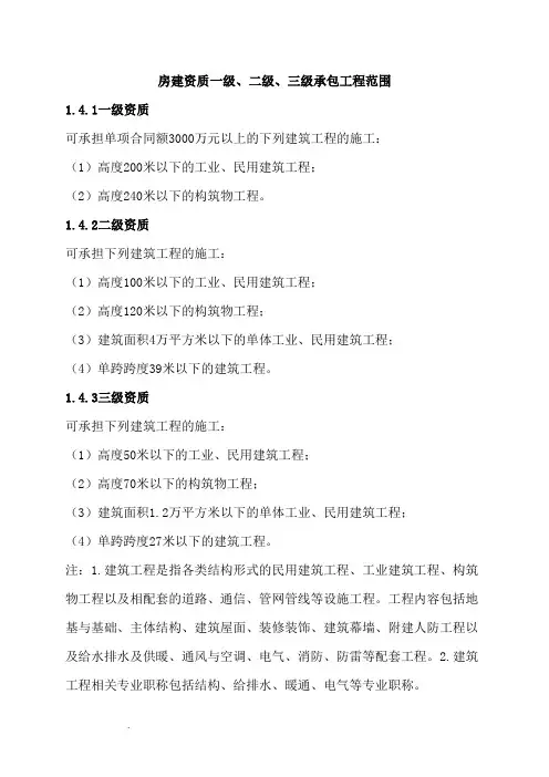 房建资质一级、二级、三级承包工程范围