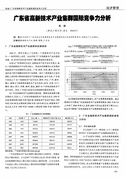 广东省高新技术产业集群国际竞争力分析
