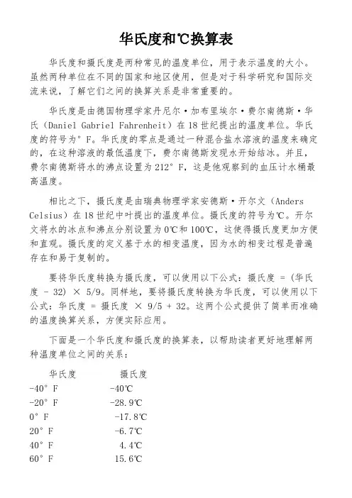 华氏度和℃换算表
