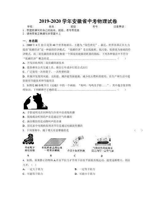 最新2019-2020学年安徽省中考物理试卷及解析