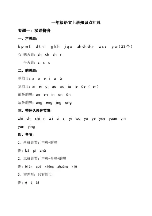 2024新版一年级语文上册知识点汇总