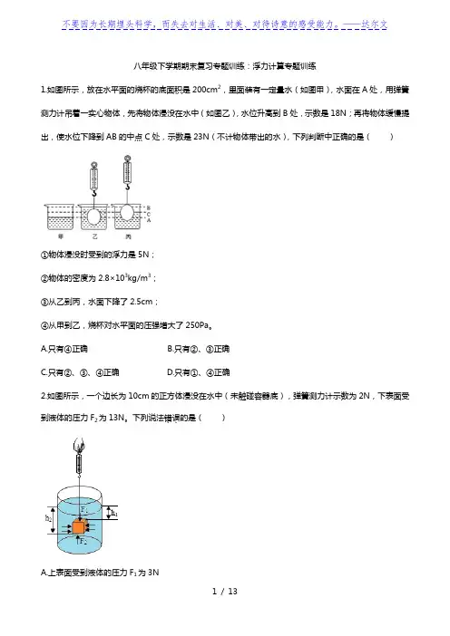2020人教版八年级下学期期末复习专题训练：浮力计算专题训练