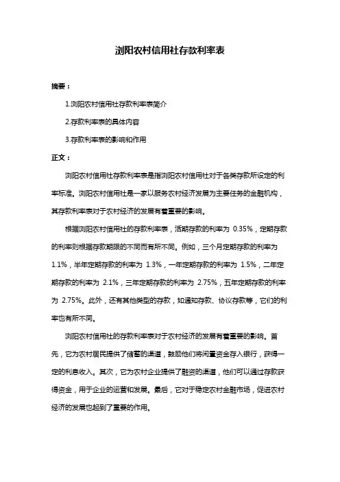 浏阳农村信用社存款利率表