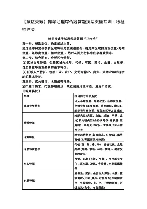【技法突破】高考地理综合题答题技法突破专训：特征描述类