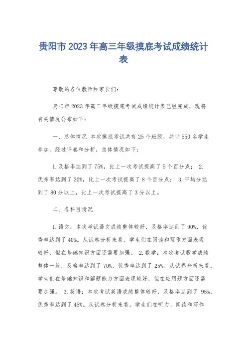 贵阳市2023年高三年级摸底考试成绩统计表