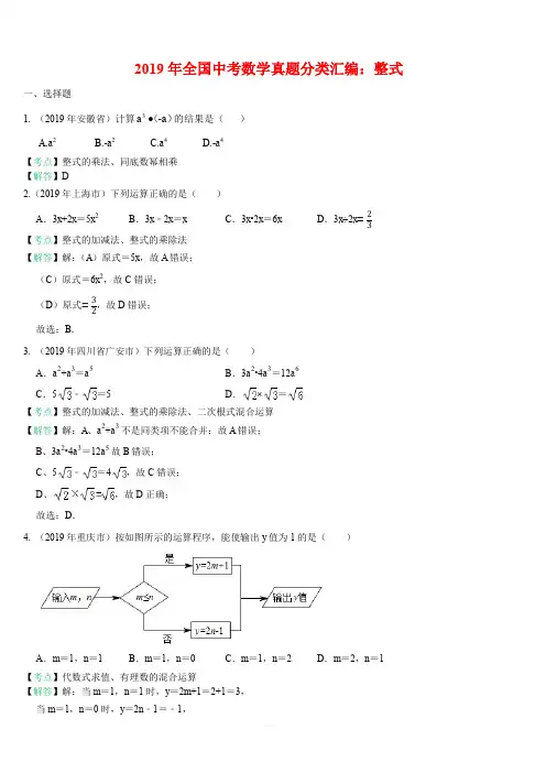 2019年全国中考数学真题分类汇编：整式(含答案)