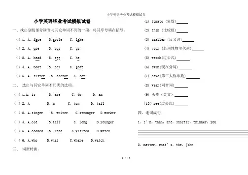 小学英语毕业考试模拟试卷