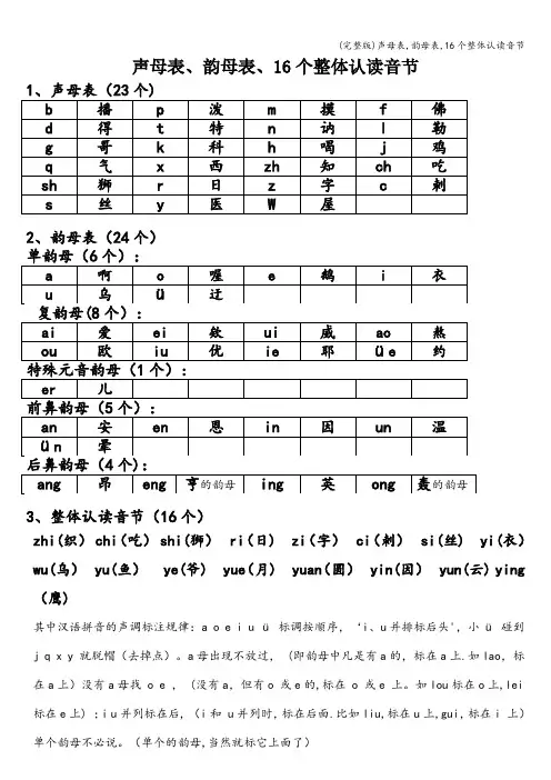 (完整版)声母表,韵母表,16个整体认读音节